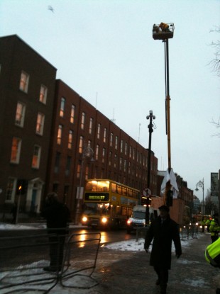 The man atop the cherry picker on Kildare St this morning.