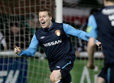St. Patrick's Athletic Daniel North celebrates his goal against Bray Wanderers on Friday night.