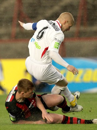 Bohemians' Danny Joyce was shown a red card for this tackle on Richie Ryan of Sligo Rovers.