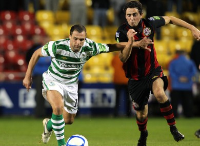 Hoops midfielder Chris Turner and Stephen Traynor of Bohs.