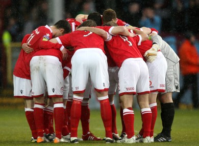Shelbourne's pre-match huddle.