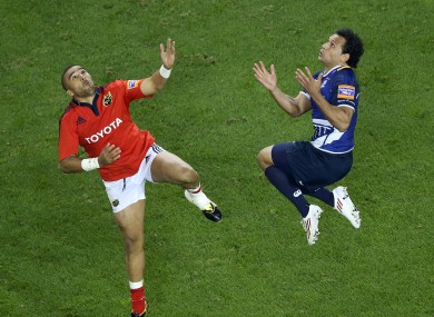 Munster's Simon Zebo and Isa Nacewa of Leinster.