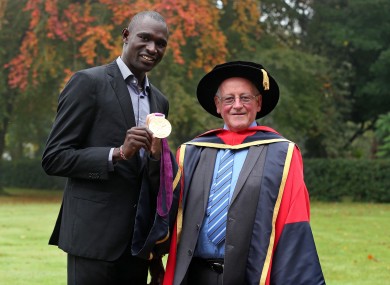 David Rudisha with Brother Colm O'Connell after he received an Honorary Doctorate from Dublin City University.