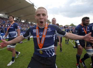 Ian Madigan whoops it up on the RDS pitch after Leinster won the Pro12 title in May.