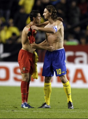 Zlatan Ibrahimovic hugs Cristiano Ronaldo after their World Cup qualifier in 2008.