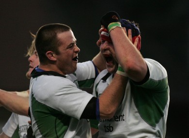 Marcus Horan and Anthony Foley celebrate an Ireland win in 2004.