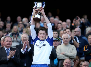 Conor McManus lifts the Division 2 trophy for Monaghan.